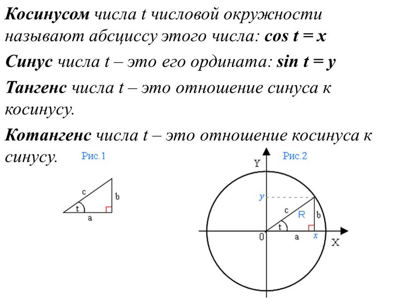 Косинусом числа t числовой окружности называют абсциссу этого числа: cos t = x