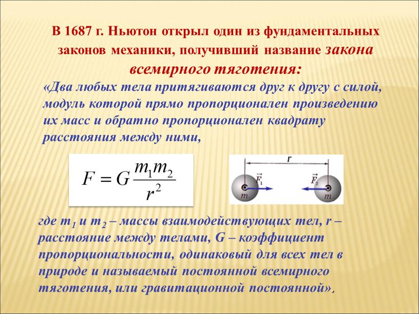 В 1687 г. Ньютон открыл один из фундаментальных законов механики, получивший название закона всемирного тяготения: «Два любых тела притягиваются друг к другу с силой, модуль…