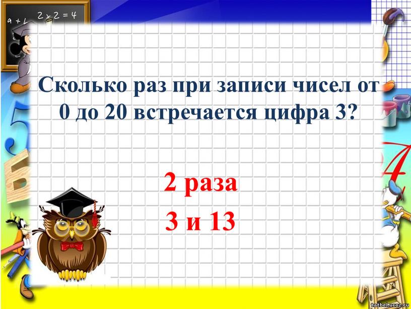 Сколько раз при записи чисел от 0 до 20 встречается цифра 3? 2 раза 3 и 13