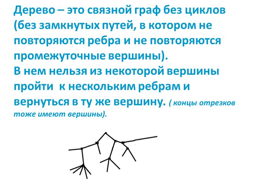 Дерево – это связной граф без циклов (без замкнутых путей, в котором не повторяются ребра и не повторяются промежуточные вершины)