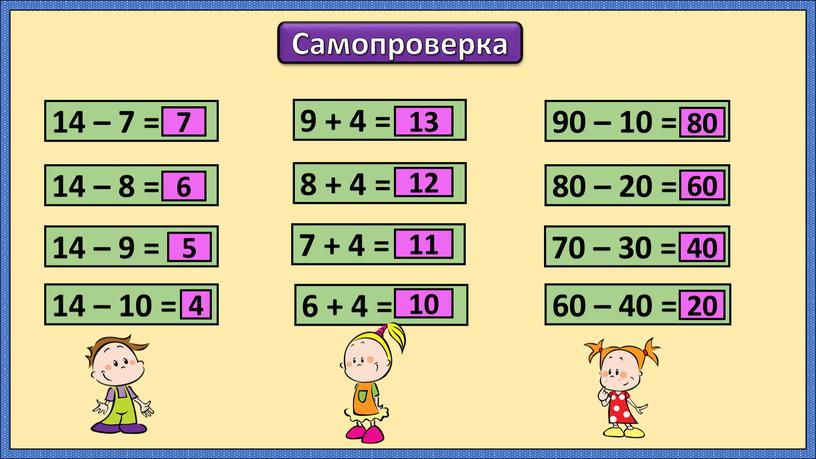 Самопроверка 14 – 7 = 14 – 8 = 14 – 9 = 14 – 10 = 9 + 4 = 8 + 4 =…