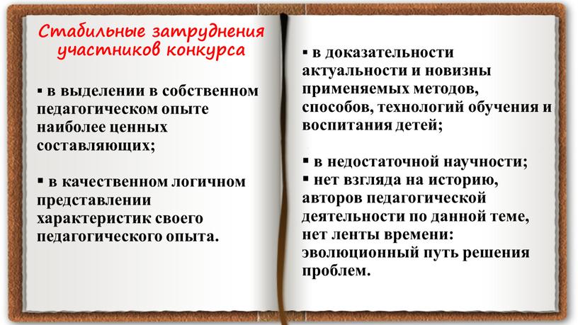 Стабильные затруднения участников конкурса в выделении в собственном педагогическом опыте наиболее ценных составляющих; в качественном логичном представлении характеристик своего педагогического опыта