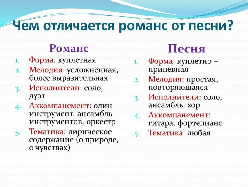 Чем отличается романс от песни?