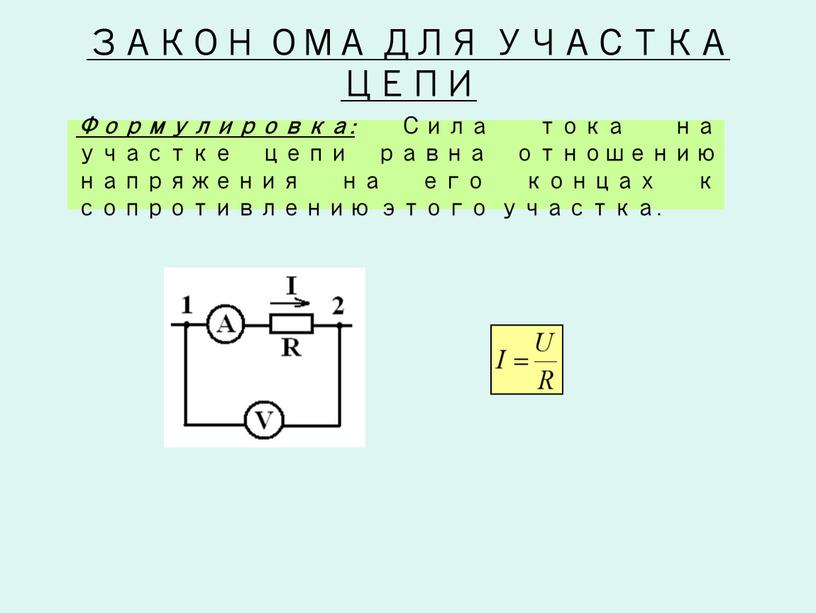 ЗАКОН ОМА ДЛЯ УЧАСТКА ЦЕПИ Формулировка: