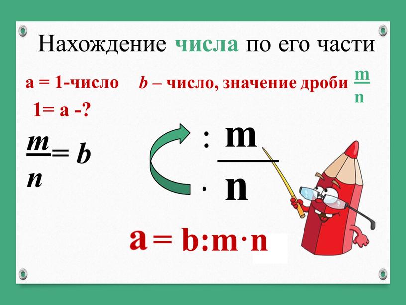 Нахождение числа по его части 1= a -? m n = b m n = b:m·n