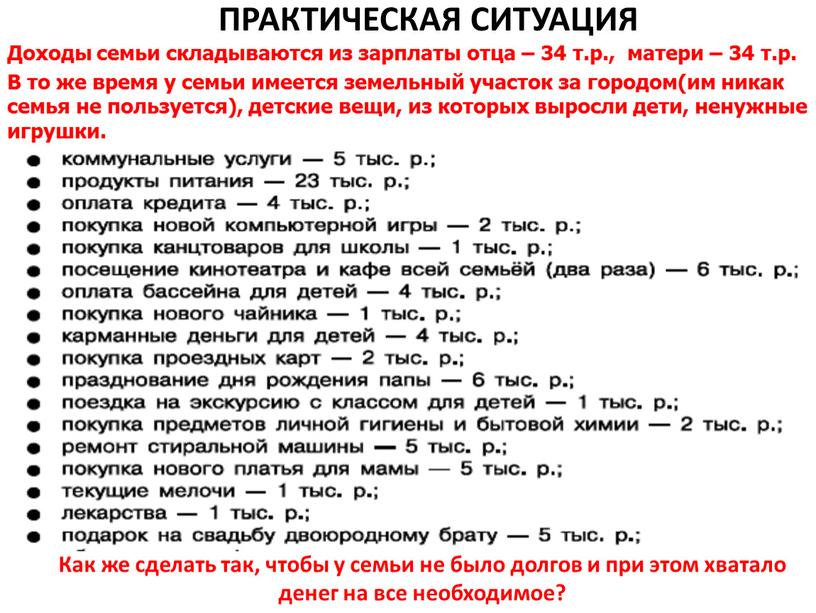 ПРАКТИЧЕСКАЯ СИТУАЦИЯ Как же сделать так, чтобы у семьи не было долгов и при этом хватало денег на все необходимое?