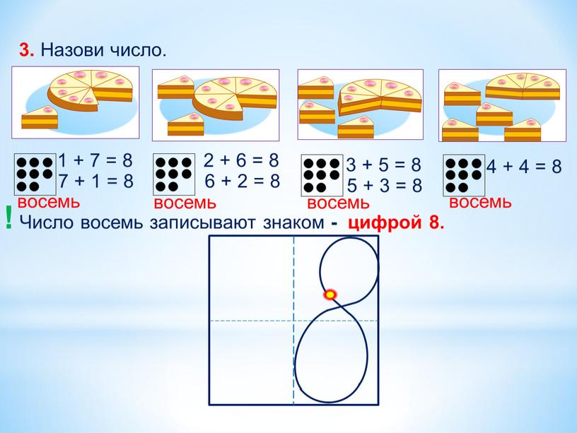 Назови число. ! Число восемь записывают знаком - цифрой 8