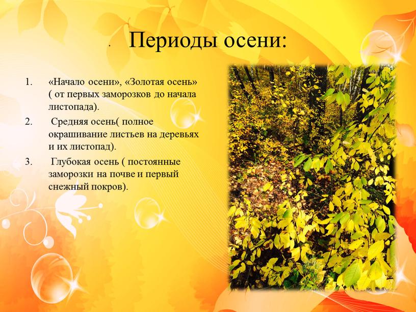 Периоды осени: «Начало осени», «Золотая осень» ( от первых заморозков до начала листопада)