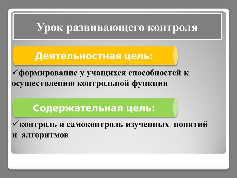 Содержательная цель: контроль и самоконтроль изученных понятий и алгоритмов формирование у учащихся способностей к осуществлению контрольной функции