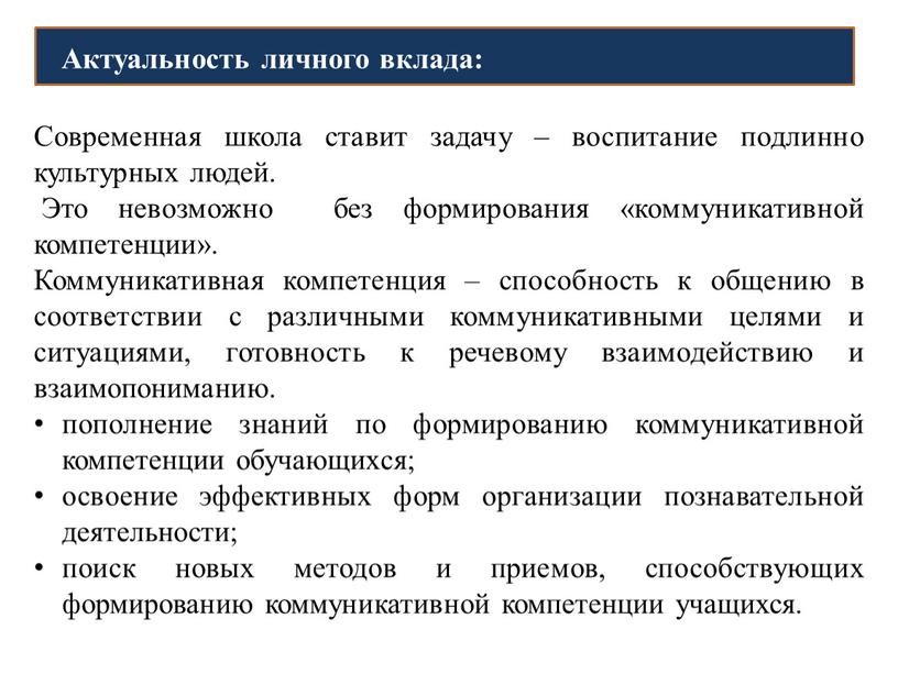 Актуальность личного вклада: Современная школа ставит задачу – воспитание подлинно культурных людей