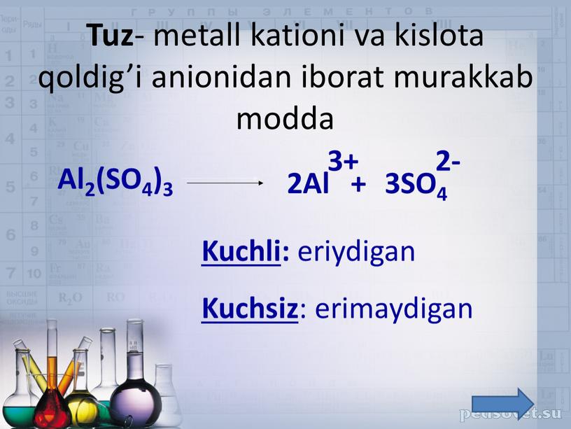 Tuz - metall kationi va kislota qoldig’i anionidan iborat murakkab modda