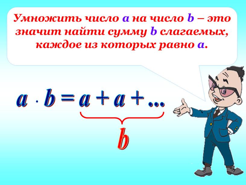 Умножить число а на число b – это значит найти сумму b слагаемых, каждое из которых равно а