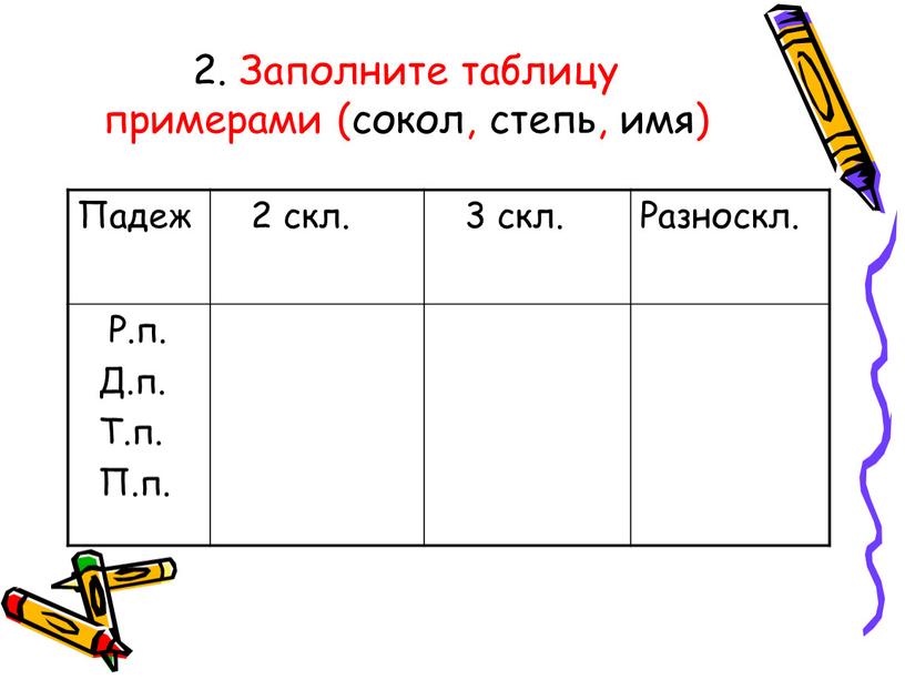 Заполните таблицу примерами (сокол, степь, имя)