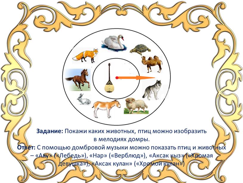 Задание: Покажи каких животных, птиц можно изобразить в мелодиях домры