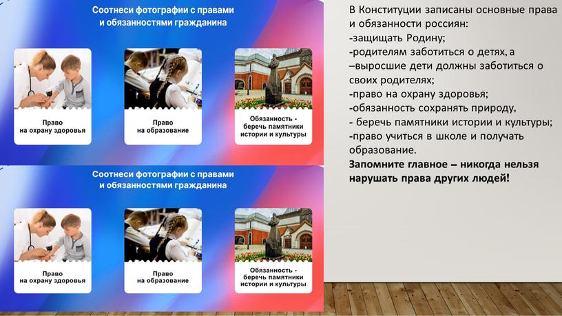 В Конституции записаны основные права и обязанности россиян: -защищать