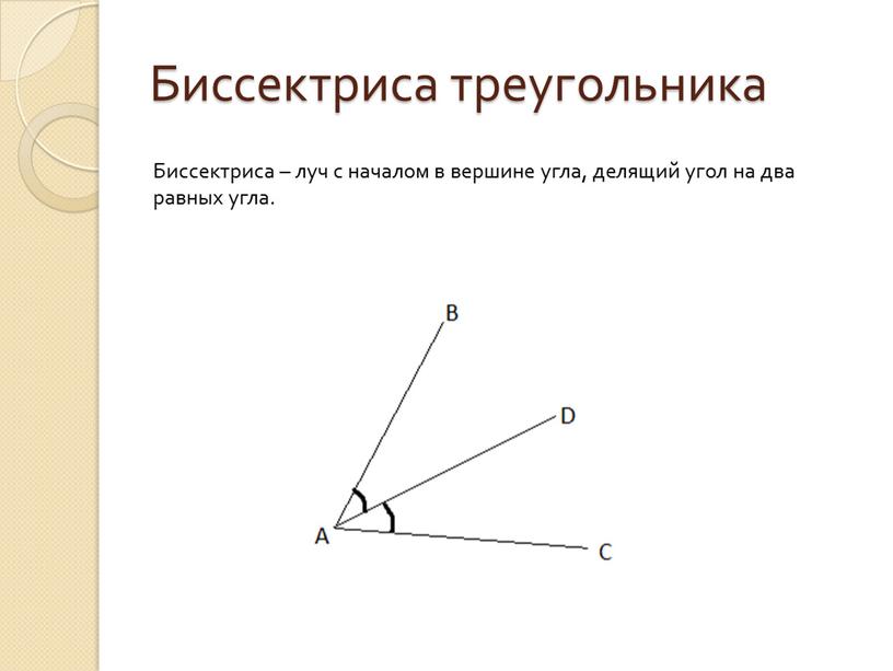 Биссектриса треугольника Биссектриса – луч с началом в вершине угла, делящий угол на два равных угла