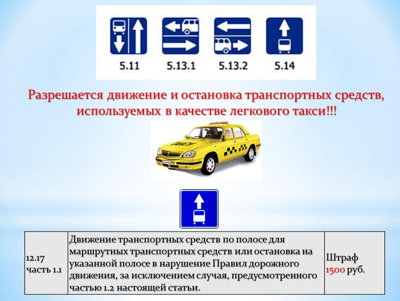 Разрешается движение и остановка транспортных средств, используемых в качестве легкового такси!!! 12