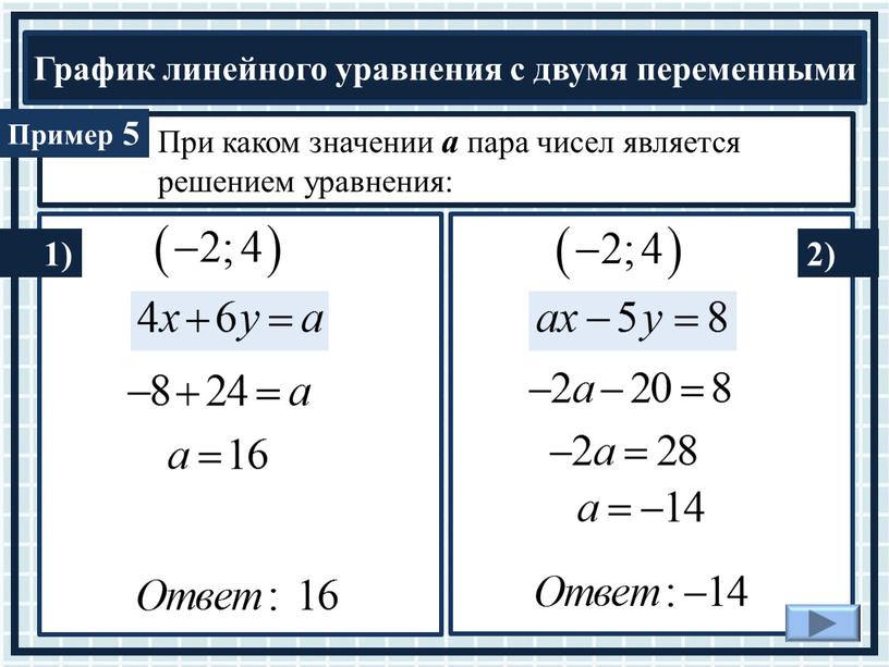 При каком значении а пара чисел является решением уравнения: 5 1) 2)