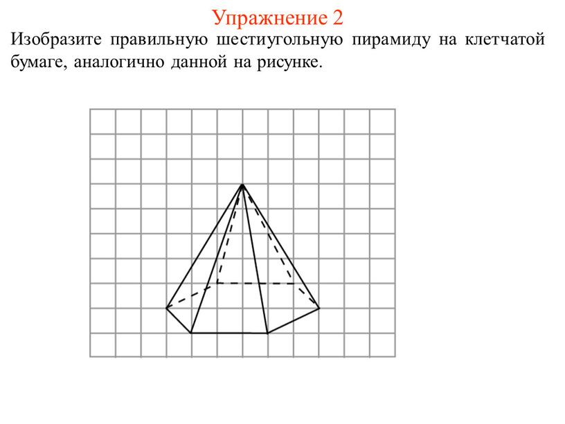 Упражнение 2 Изобразите правильную шестиугольную пирамиду на клетчатой бумаге, аналогично данной на рисунке