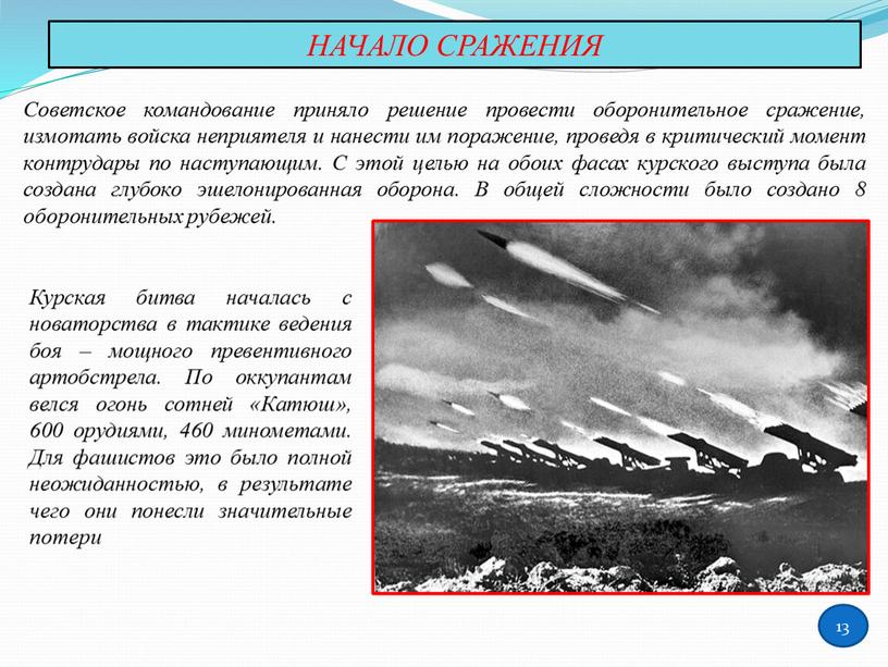 НАЧАЛО СРАЖЕНИЯ Советское командование приняло решение провести оборонительное сражение, измотать войска неприятеля и нанести им поражение, проведя в критический момент контрудары по наступающим