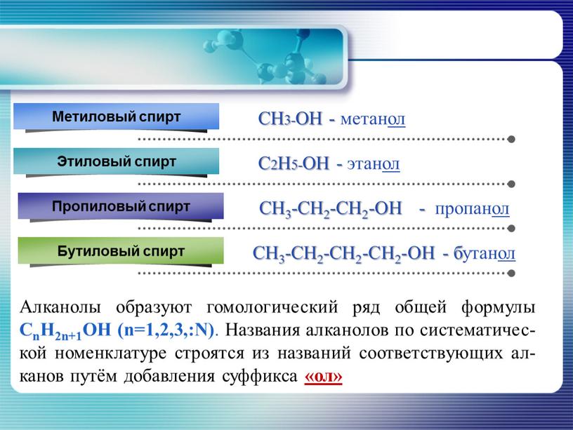 Алканолы образуют гомологический ряд общей формулы