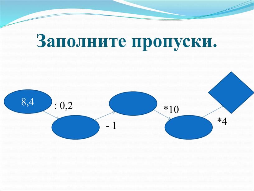 Заполните пропуски. 8,4 : 0,2 - 1 *10 *4