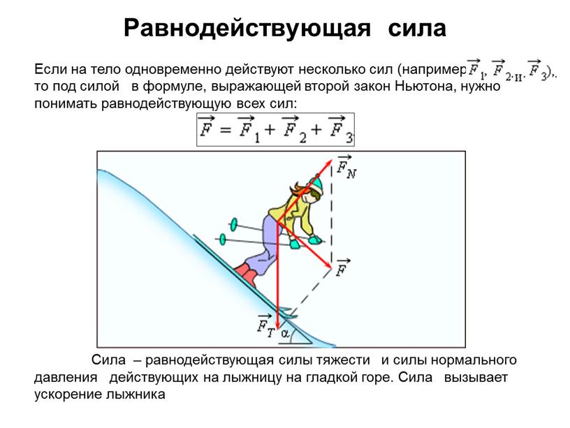 Равнодействующая сила Если на тело одновременно действуют несколько сил (например то под силой в формуле, выражающей второй закон