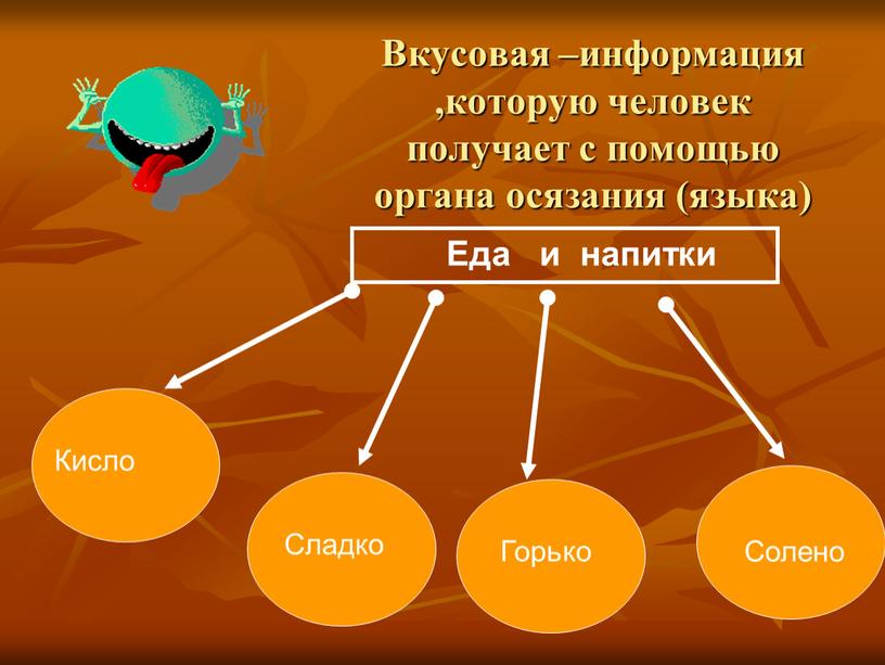 Вкусовая –информация ,которую человек получает с помощью органа осязания (языка)