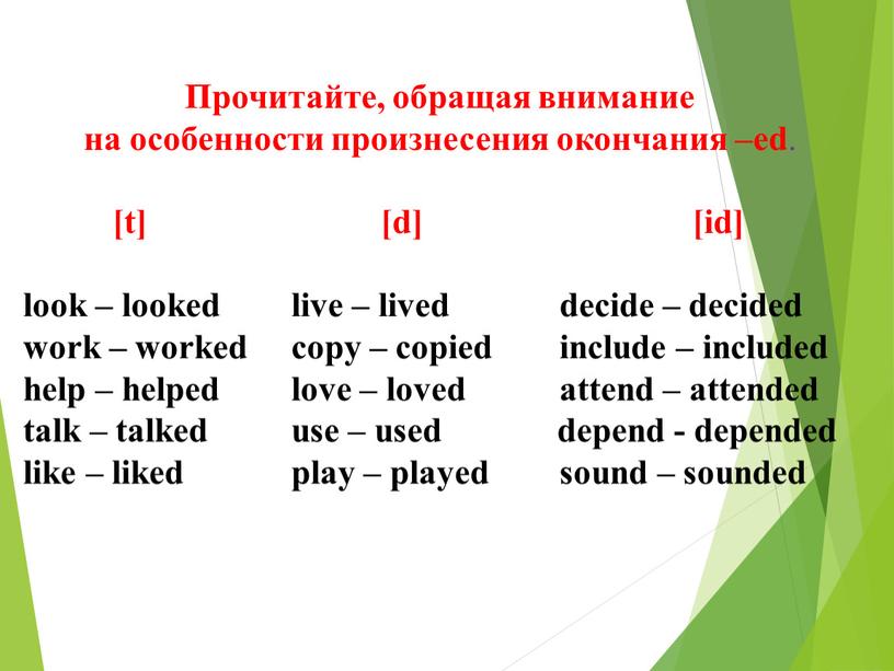 Прочитайте, обращая внимание на особенности произнесения окончания –ed