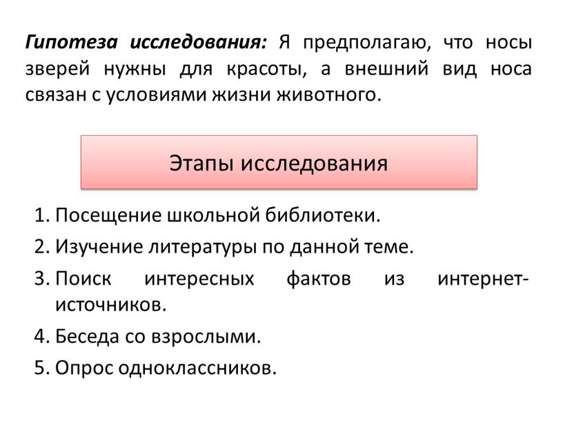 Гипотеза исследования: Я предполагаю, что носы зверей нужны для красоты, а внешний вид носа связан с условиями жизни животного