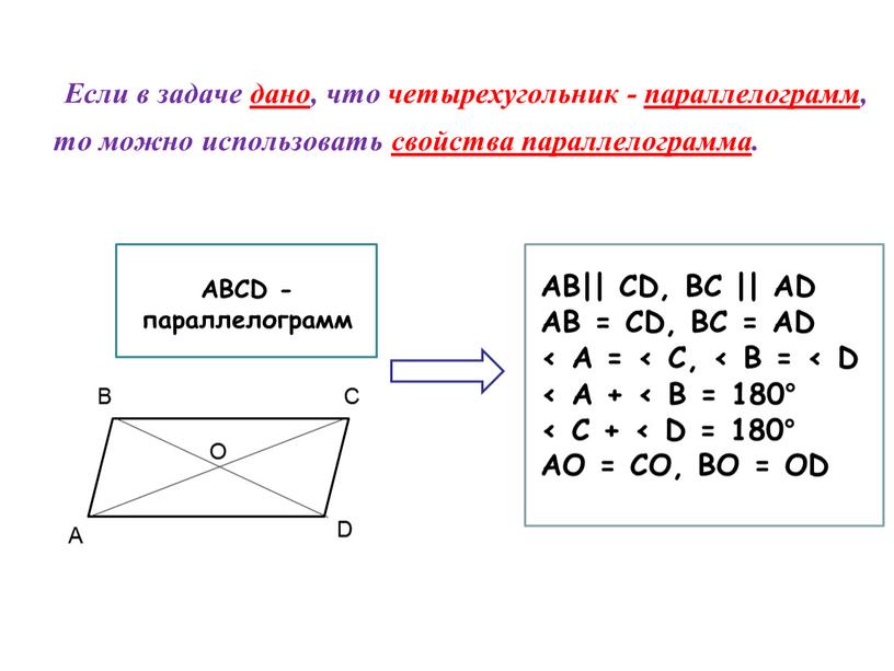 Если в задаче дано , что четырехугольник - параллелограмм , то можно использовать свойства параллелограмма