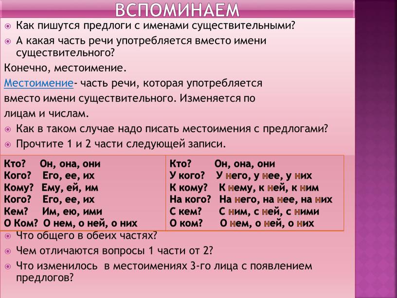 Вспоминаем Как пишутся предлоги с именами существительными?