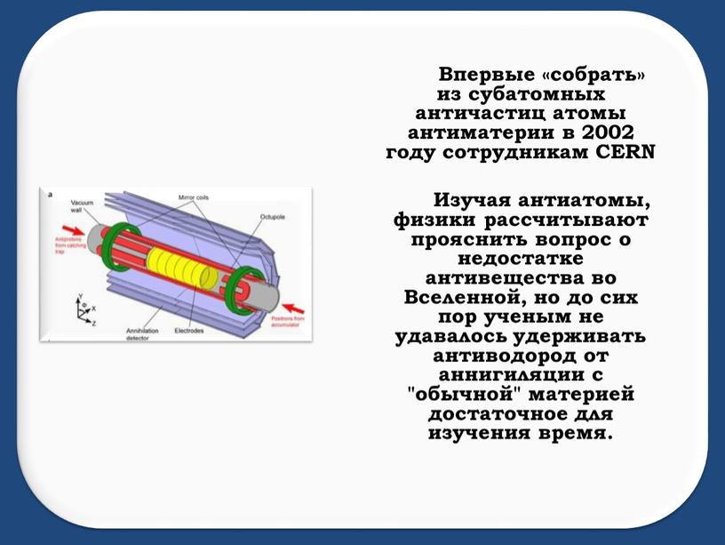 Впервые «собрать» из субатомных античастиц атомы антиматерии в 2002 году сотрудникам