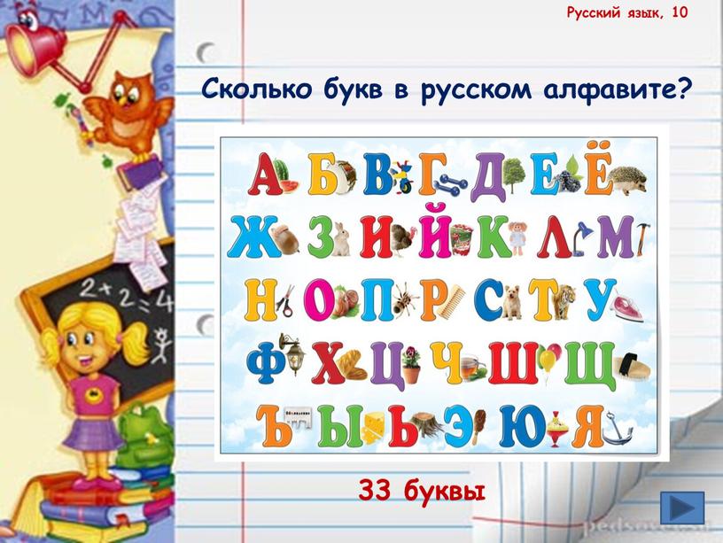 Русский язык, 10 Сколько букв в русском алфавите? 33 буквы