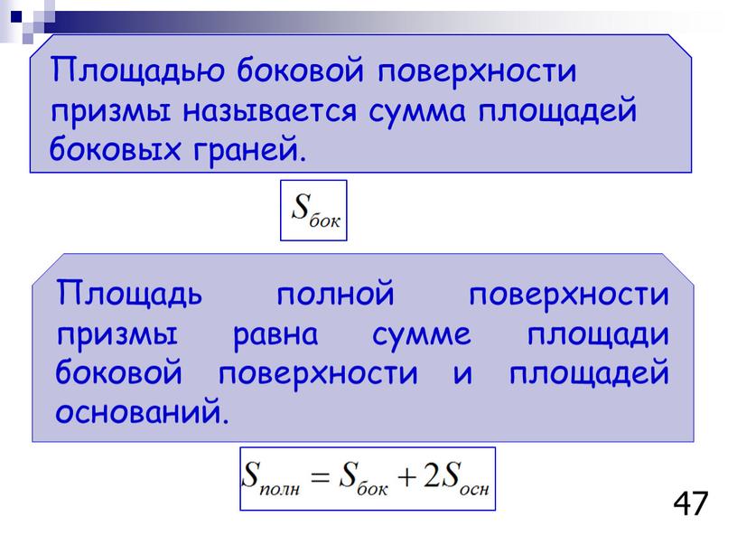 Площадь полной поверхности призмы равна сумме площади боковой поверхности и площадей оснований