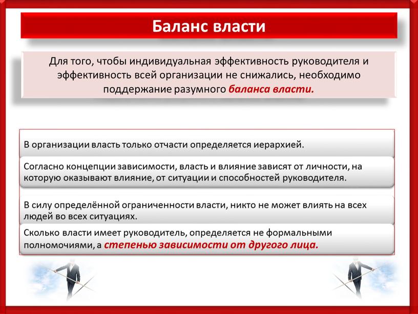 Баланс власти Для того, чтобы индивидуальная эффективность руководителя и эффективность всей организации не снижались, необходимо поддержание разумного баланса власти