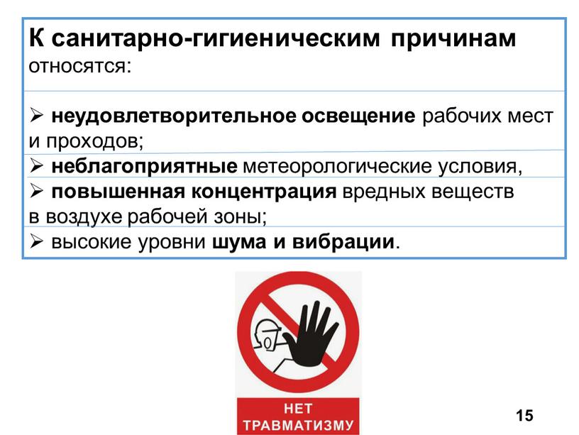 К санитарно-гигиеническим причинам относятся: неудовлетворительное освещение рабочих мест и проходов; неблагоприятные метеорологические условия, повышенная концентрация вредных веществ в воздухе рабочей зоны; высокие уровни шума и…