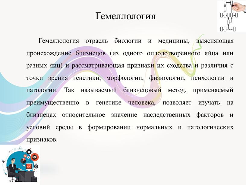 Гемеллология Гемеллология отрасль биологии и медицины, выясняющая происхождение близнецов (из одного оплодотворённого яйца или разных яиц) и рассматривающая признаки их сходства и различия с точки…