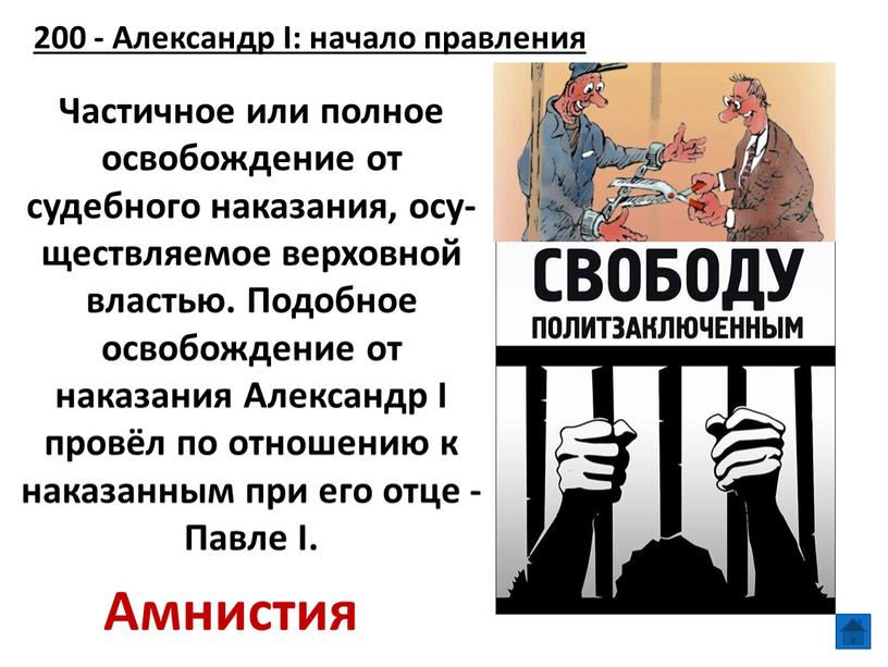 Александр I: начало правления Частичное или полное освобождение от судебного наказания, осу­ществляемое верховной властью