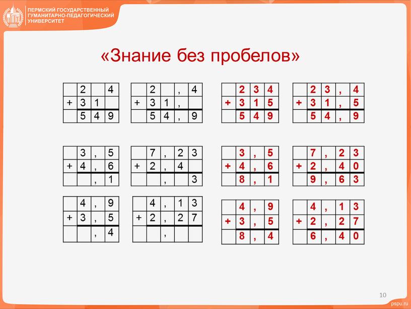 Знание без пробелов» 2 4 2 , 4 + 3 1 + 3 1 5 4 9 5 4 9 3 , 5 7 ,…