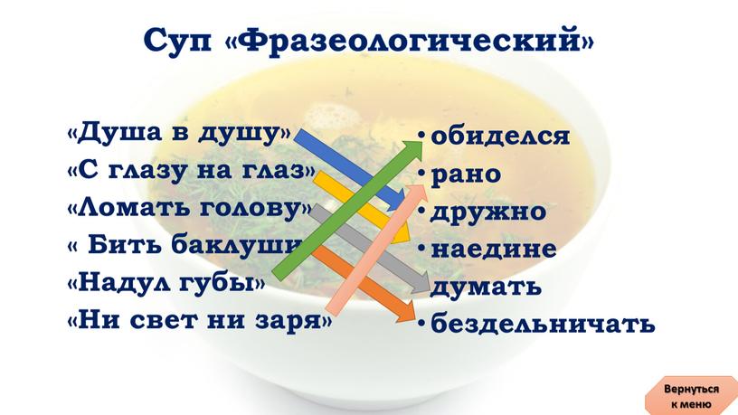 Суп «Фразеологический» «Душа в душу» «С глазу на глаз» «Ломать голову» «