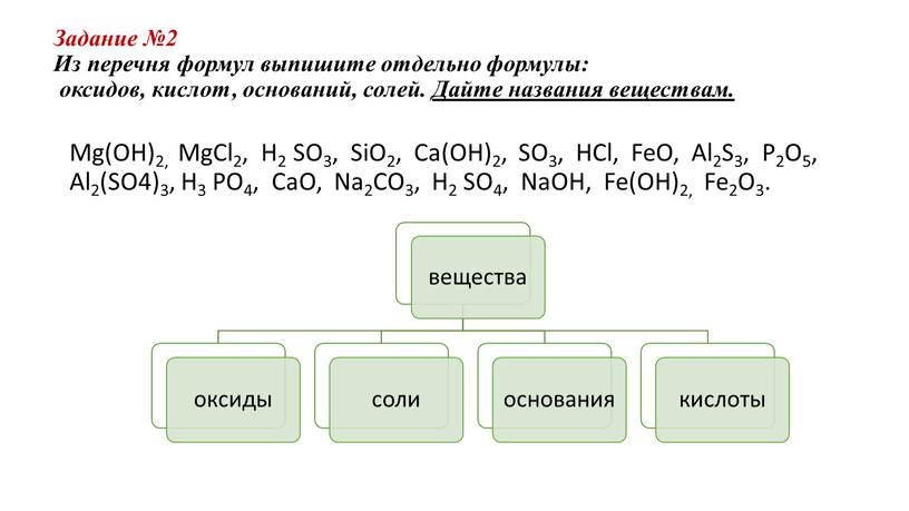 Задание №2 Из перечня формул выпишите отдельно формулы: оксидов, кислот, оснований, солей