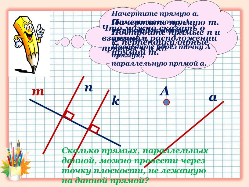 Начертите прямую m. Постройте прямые n и k, перпендикулярные прямой m