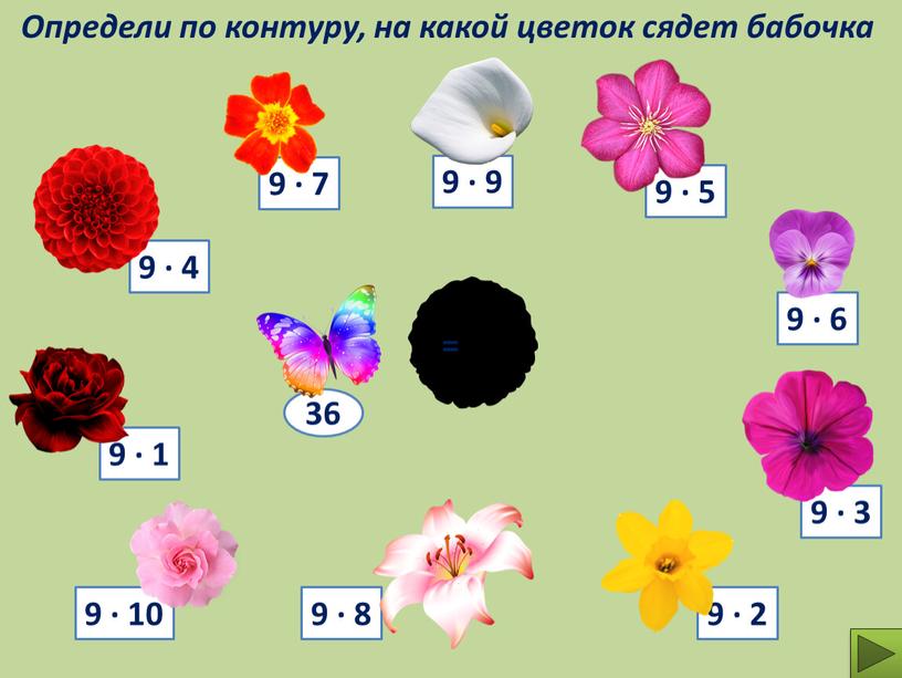 Определи по контуру, на какой цветок сядет бабочка 9 ∙ 7 9 ∙ 9 36 =