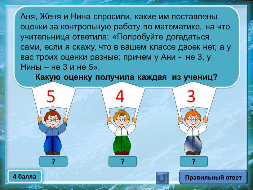 Аня, Женя и Нина спросили, какие им поставлены оценки за контрольную работу по математике, на что учительница ответила: «Попробуйте догадаться сами, если я скажу, что…