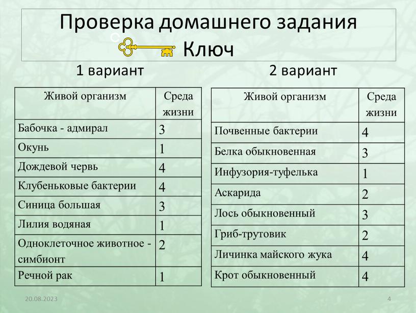 Проверка домашнего задания Ключ 1 вариант 2 вариант 20