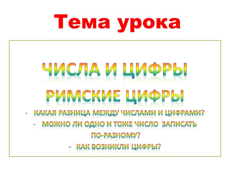 Тема урока Числа и Цифры Римские цифры