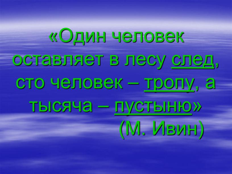 Один человек оставляет в лесу след, сто человек – тропу, а тысяча – пустыню» (М