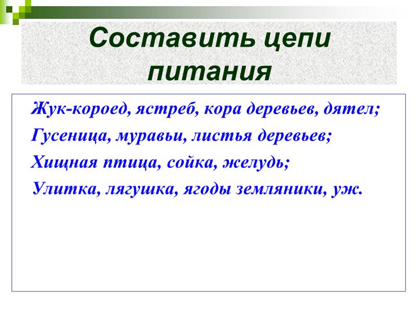 Составить цепи питания Жук-короед, ястреб, кора деревьев, дятел;