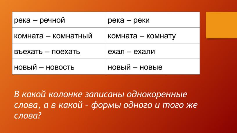 В какой колонке записаны однокоренные слова, а в какой – формы одного и того же слова?